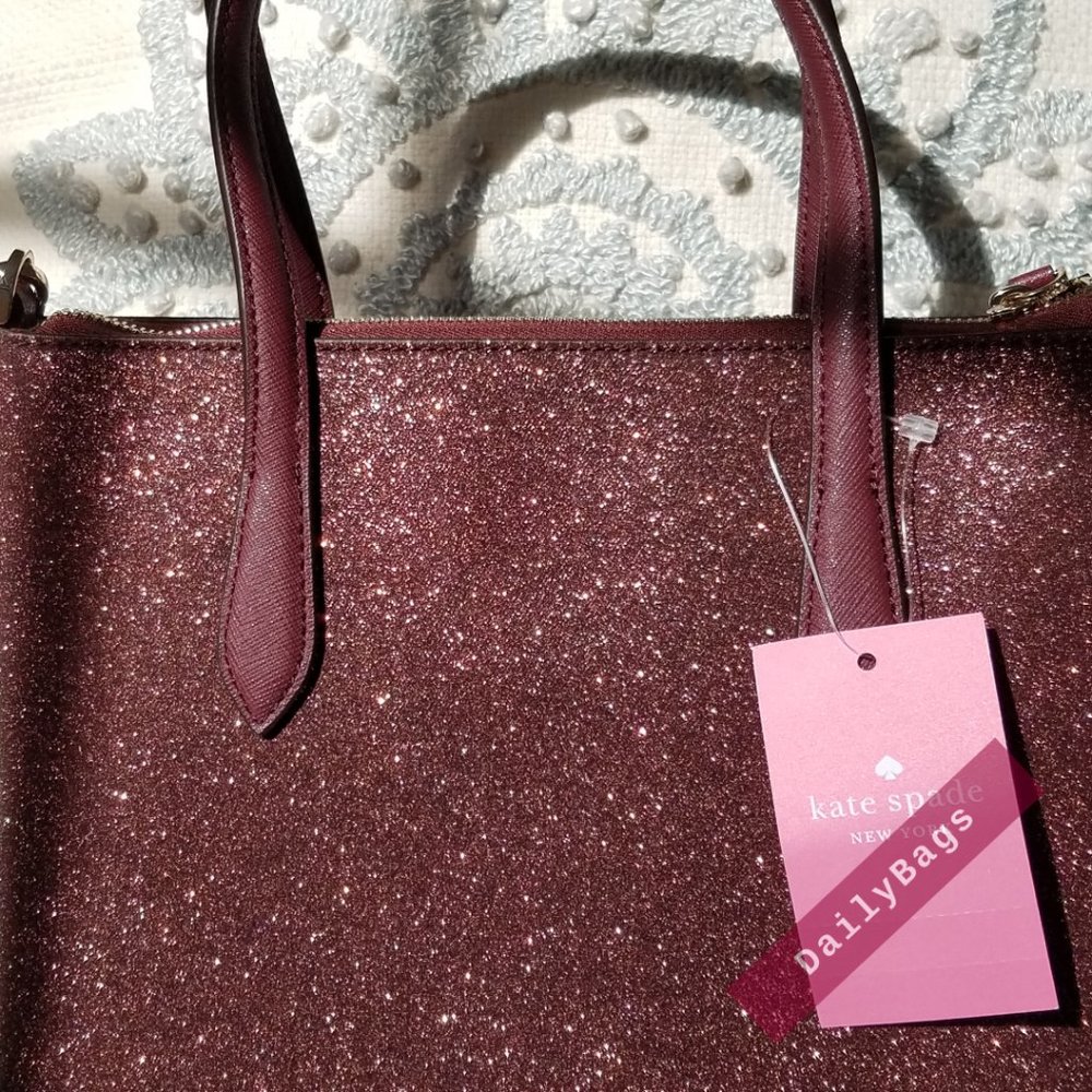 SHIMMY GLITTER IN DEEP NOVA SATCHEL KATE SPADE CROSSBODY BURGUNDY SPARKLES SUN - Picture 9 of 10